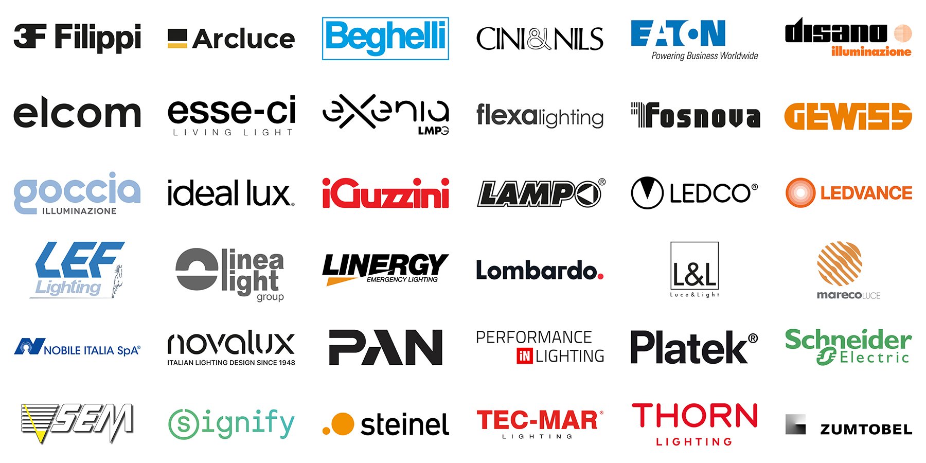 I nostri marchi: 3F Filippi, Arcluce, Beghelli, Cini&Nils, Eaton, Disano Illuminazione, Elcom, Esse-ci, Exenia, Flexalighting, Fosnova, Gewiss, Goccia Illuminazione, Ideal Lux, iGuzzini, Lampo, Ledco, Ledvance, LEF Lighting, Linea Light Group, Linergy, Lombardo, L&L Luce&Light, Mareco Luce, Nobile Italia, Novalux, PAN, Performance in Lighting, Platek, Schneider Electric, SEM, Signify, Steinel, Tec-Mar Lighting, Thorn Lighting, Zumtobel